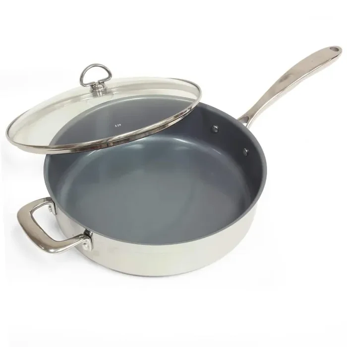 Induction 21 Steel 11.5 in. Stainless Steel Ceramic Nonstick Skillet in Brushed Stainless Steel with Glass Lid