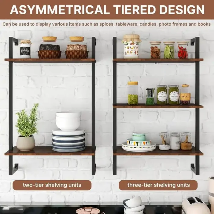 Industrial 3-Shelf and 2-Shelf Wood Wall-Mounted Spice Rack Display Shelves Bookshelf Bathroom Shelves