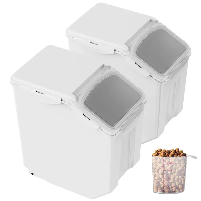Ingredient Storage Bin, 2 x 15 L Dispenser Bin with 2 Measuring Cups, 2 Pcs/Set Dog Pet Food Storage Container