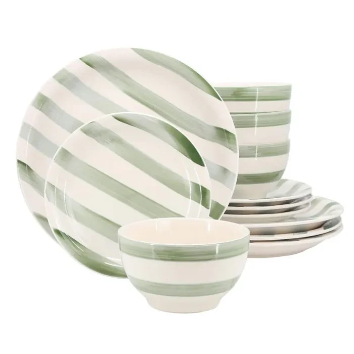 Kenwood Shores 12 Piece Stoneware Dinnerware Set in Green Stripe