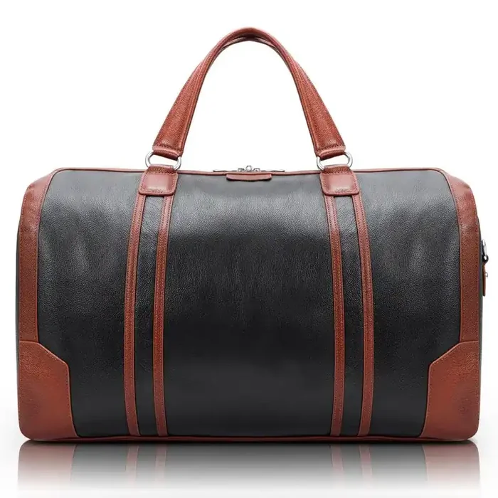 Kinzie, 20 in. Black Pebble Grain Calfskin Leather 2-Tone Tablet Carry-All Duffel