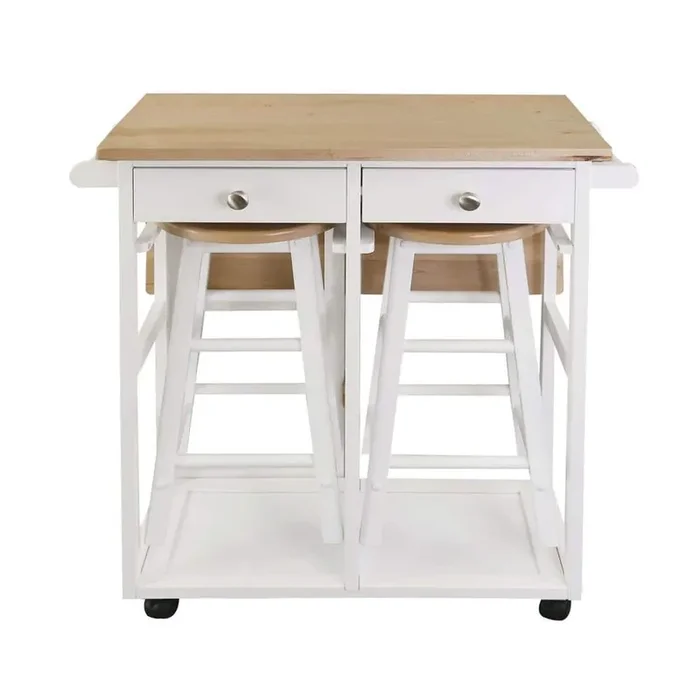 Kitchen Breakfast Cart with Drop-Leaf Table, Harvest Hardwood Top, Square in 2-Tone, Natural/White