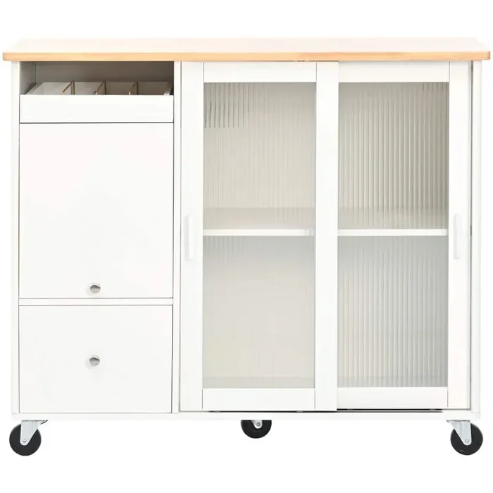 Kitchen Cart with Drop Leaf, LED Light Kitchen Island on Wheels with 2-Fluted Glass Doors and 1-Flip Door in White