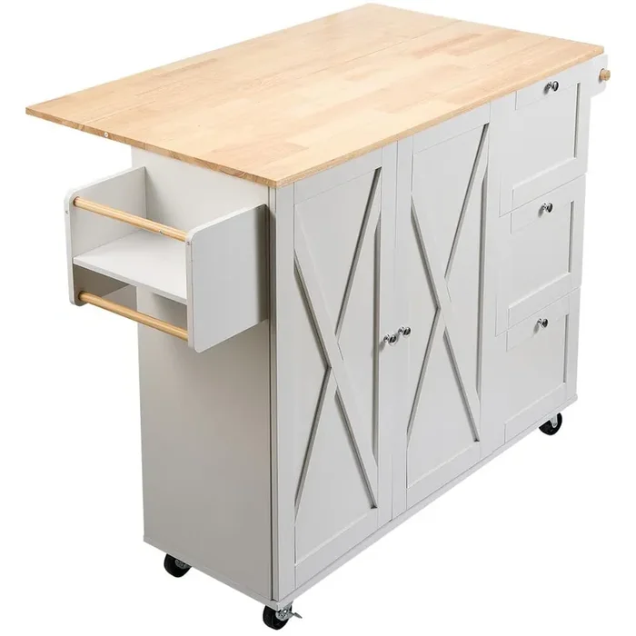 Kitchen Cart with Solid Natural Wood Top, 45.3 in. Mobile Rolling Cart with Storage Cabinet, Portable on Wheels, White