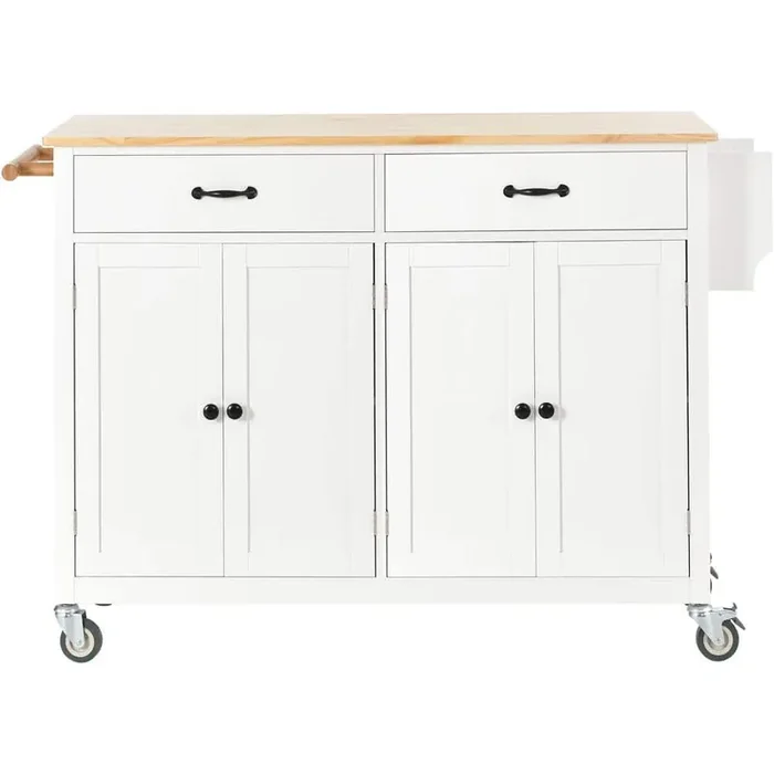 Kitchen Cart with Solid Wood Top and Locking Wheels, 4-Door Cabinet and 2-Drawers, Spice Rack, Towel Rack in White