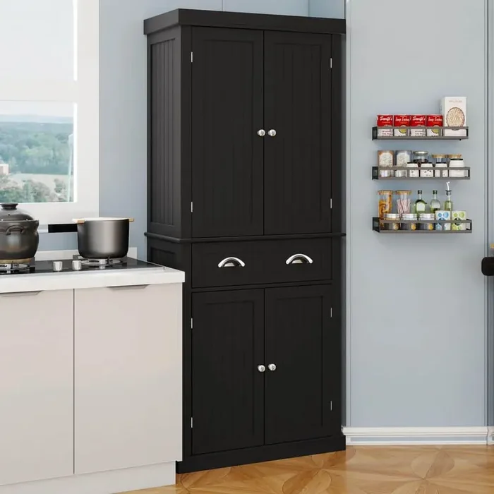 Kitchen Pantry Storage Cabinet, with 4-Doors, Drawer, 2-Adjustable Shelves, Freestanding Cupboard in Black