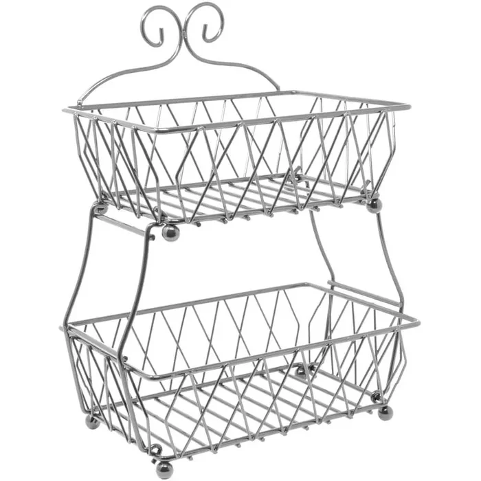 Kitchen Silver Metal Wire Basket Display Stand Drawer Organizer with 2-Tier Rack