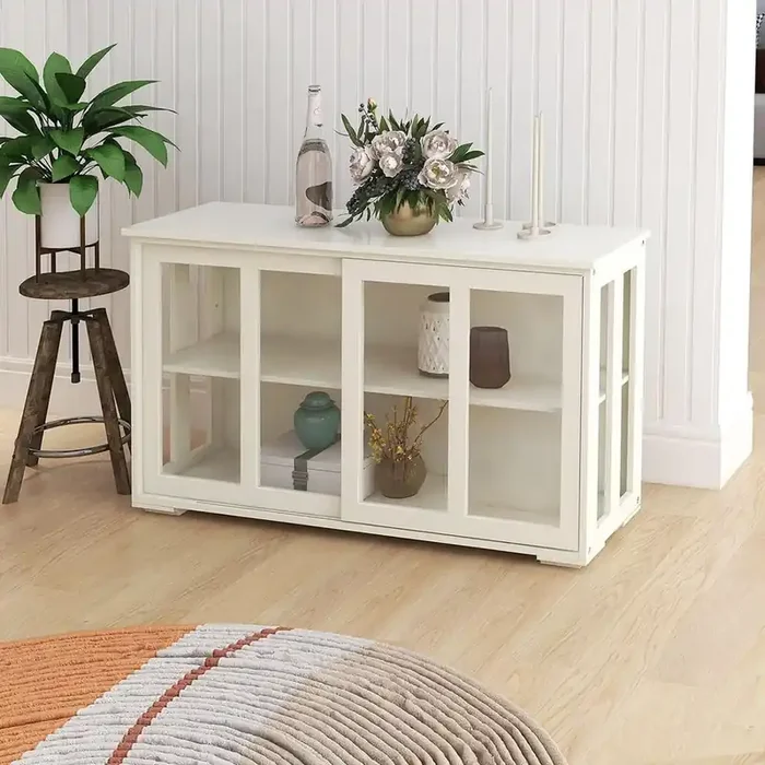 Kitchen Storage Stand Cupboard with Glass Door in White