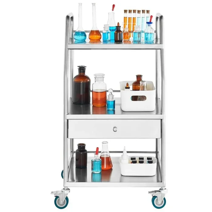Lab Serving Cart, Dental Utility Cart with Lockable Wheels, Sliver Stainless Steel Kitchen Cart, Utility Rolling Cart