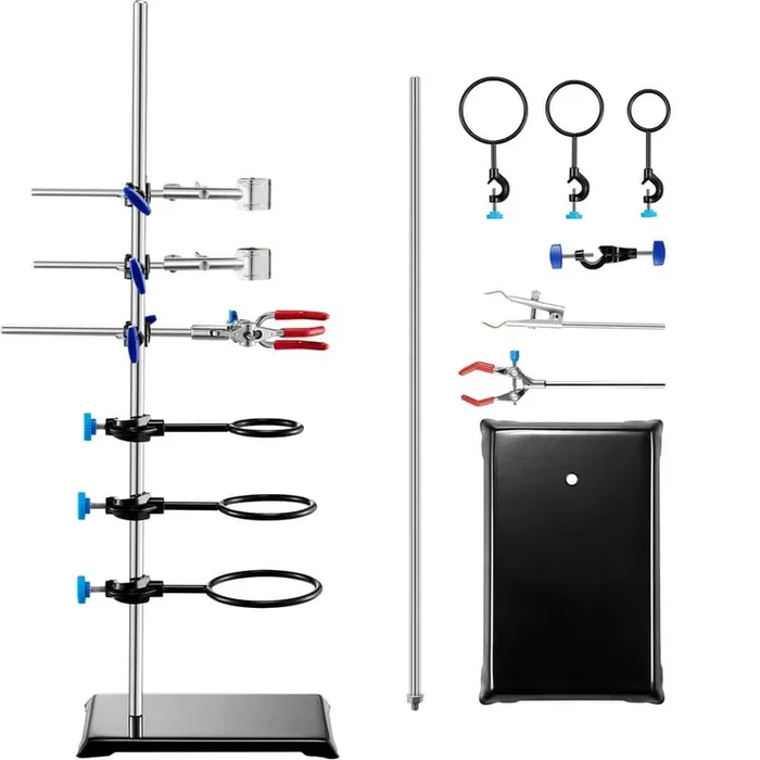 Lab Stand Support Set, 23.6 in. Steel Rod with 8.3 in. x 5.3 in. Cast Iron Base, Includes Flask, Burette