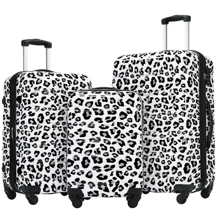 Lightweight Durable 3-Piece White and Black Leopard Expandable PC Hardshell Spinner Luggage Set with TSA Lock