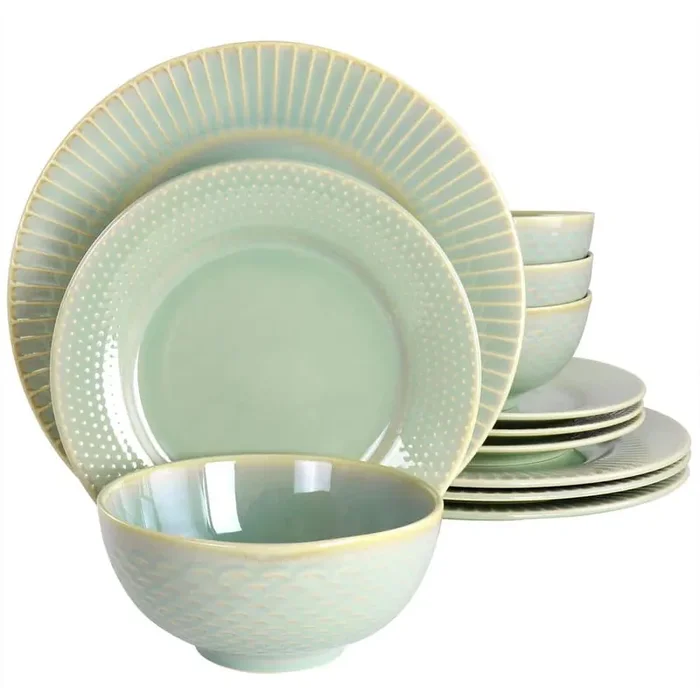 Luminetts 12-Pcs Fine Ceramic Dinnerware Set Service of 4 in Light Green
