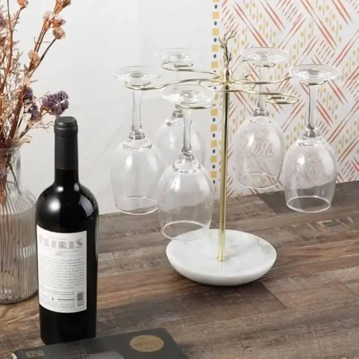 Marble Finish Freestanding Tabletop Wine Glass Rack 6 Hooks Stemware Organizer for Kitchen Bar Dining Room