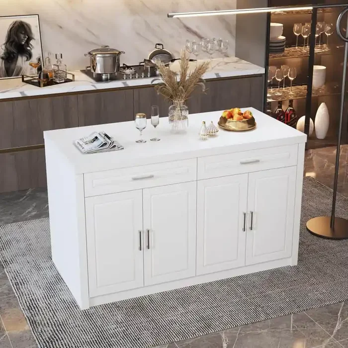 Marble Wood Grain Top 61 in. W Kitchen Island in White With Door Cabinet, 2-Drawer, Adjustable Shelves and Power Outlets
