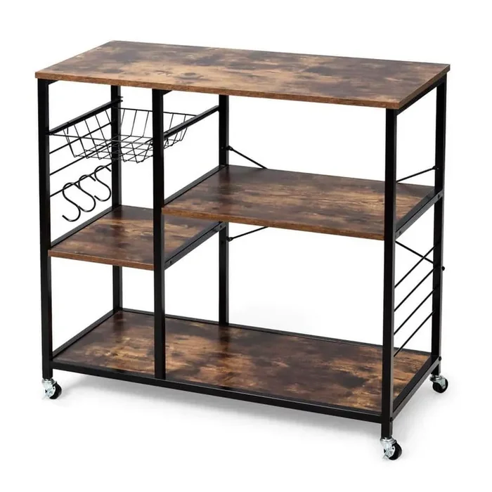 Metal Frame Brown Engineered Wood Shelf Rolling Kitchen Cart Baker‘s Storage Shelf