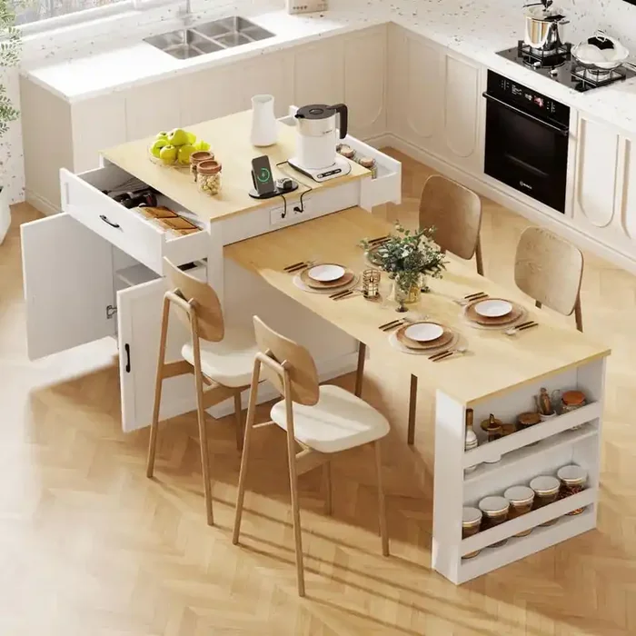 Modern White Wood 31.5 in. Power Outlet Faux Mable Kitchen Island Top with Extendable Dining Table and Large Storage