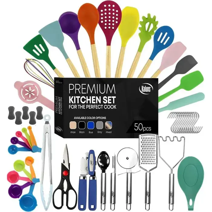 Multicolored 50-Piece Set of Silicone Kitchen Utensils, Complete Kitchen Set, Premium Silicone Cooking Utensils