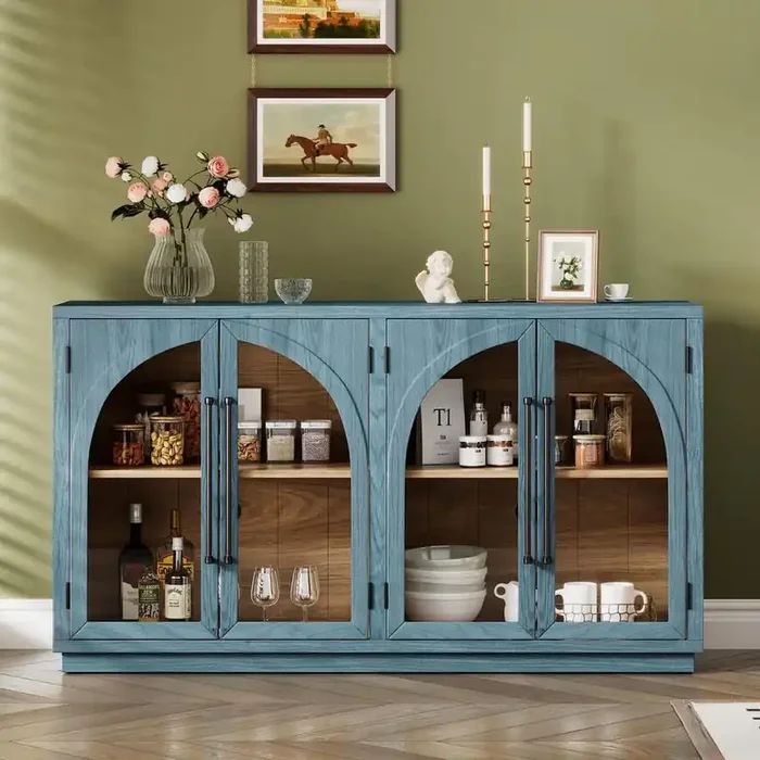 Navy 4-Door Pantry Organizer with Glass Doors Adjustable Shelves Large Storage Sideboard for Kitchen Living Room