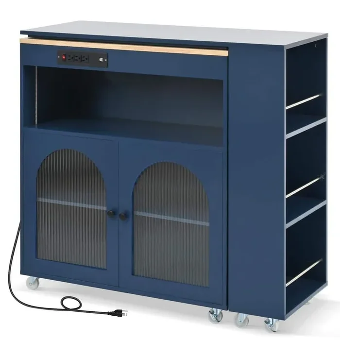 Navy Blue Rubber Wood 33.22 in. Kitchen Island with LED Lights, Kitchen Island with a Storage Compartment and Side