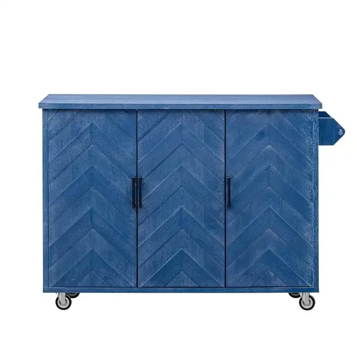 Navy Blue Wood Wave Stripes 51.2 in. Farmhouse Kitchen Island on 4 Wheels with Drop Leaf, Internal Storage Rack
