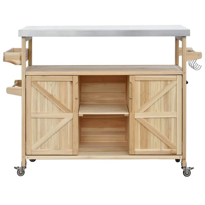 Outdoor Natural Fir Wood 50.25 in. Kitchen Island on 4 Wheels with Stainless Steel Top, Spice Rack, Towel Rack