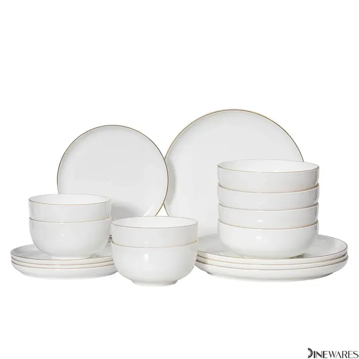 Perlaceo Collection of 16-Piece White with Gold Rim Bone China Dinnerware Set-Lightweight and Durable-Service for 4