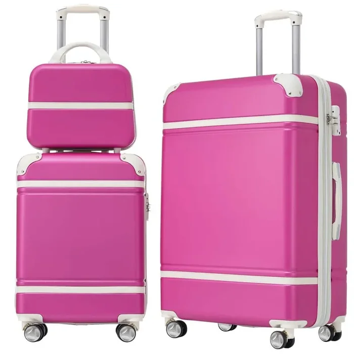 Pink Lightweight 3-Piece Expandable ABS Hardshell Spinner 20″ + 24″ Luggage Set with Cosmetic Case, 3-Digit TSA Lock