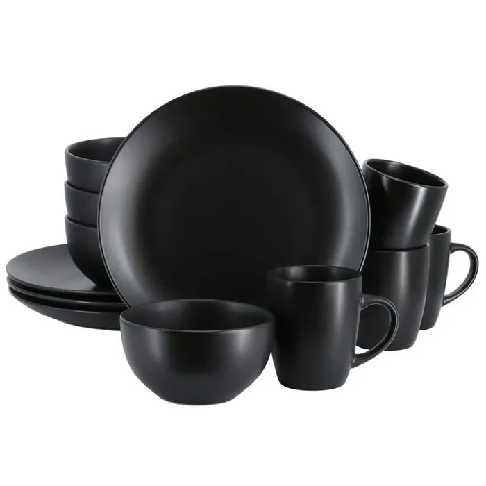 Plus 12-Piece Black Round Stoneware Dinnerware Set