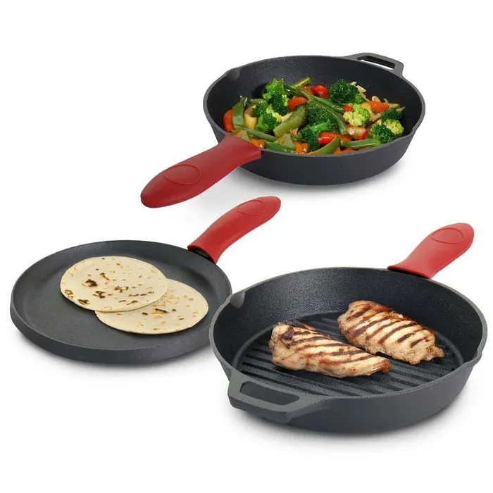 Pre-Seasoned 6 Piece Cast Iron Cookware Set with Red Silicone Holders