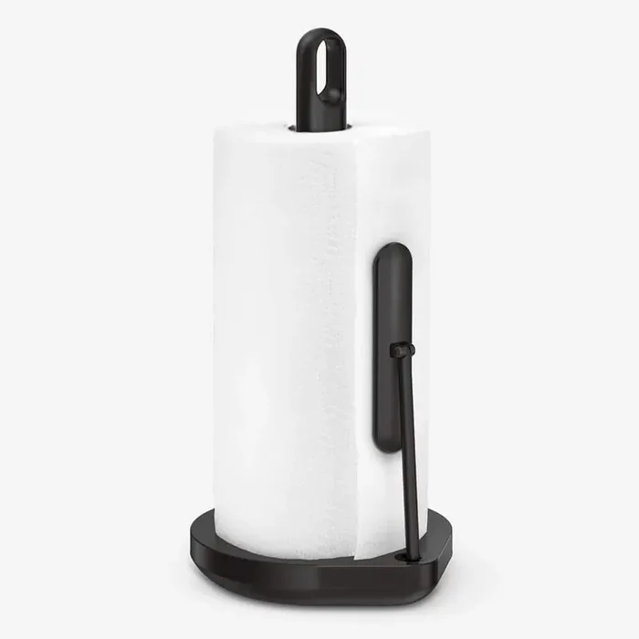 Precision-Tuned Tension Arm Countertop Black Stainless Steel Paper Towel Holder with Finger Loop