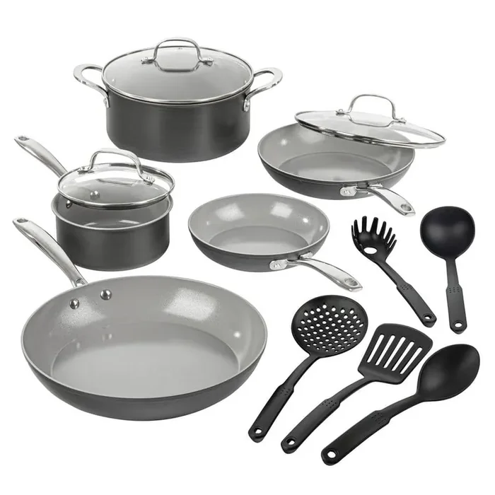 Professional 13-Piece Aluminum Hard Anodized Grey Ceramic Coating Nonstick Premium Cookware Set with Utensils
