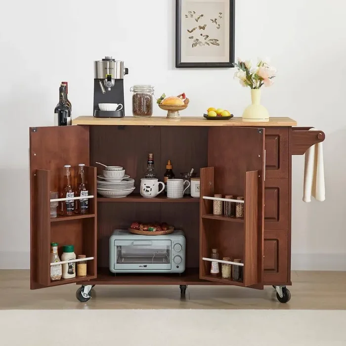 Retro Brown Wood Kitchen Cart Kitchen Island with Drop Leaf, Storage Rack, 3-Drawer