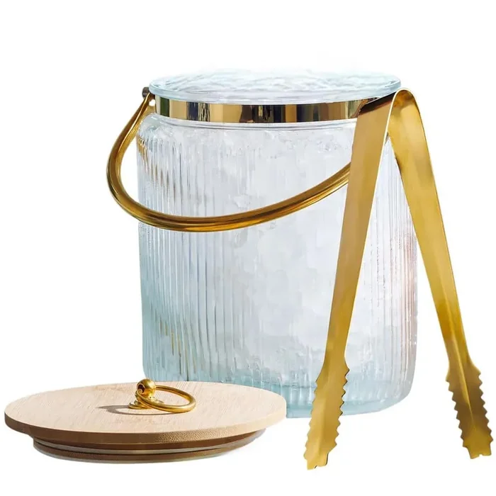 Ribbed Glass Ice Bucket-7 in. Diameter, 3 Qt. Capacity, Clear with Gold Accents with Airtight Lid, and Ice Tong