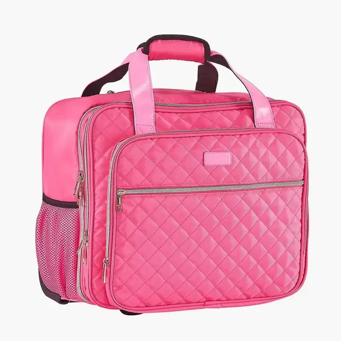 Rolling Laptop Bag, Fits 17.3 In., 2 Fixed Wheels and Telescopic Handle, for Work Travel Office Women, Pink