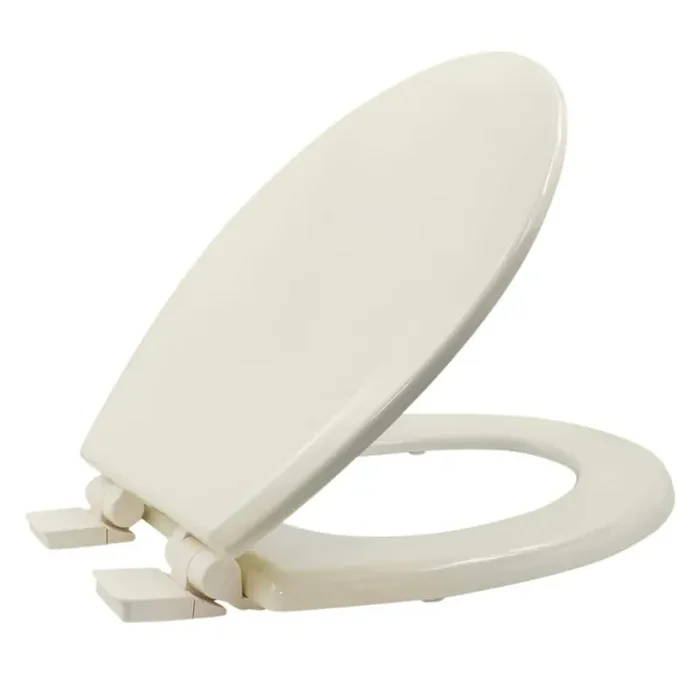 Round Slow-Close Toilet Seat with Adjustable Hinges and Easy Removal Mechanism in Bone Molded Wood, Standard Size Fit