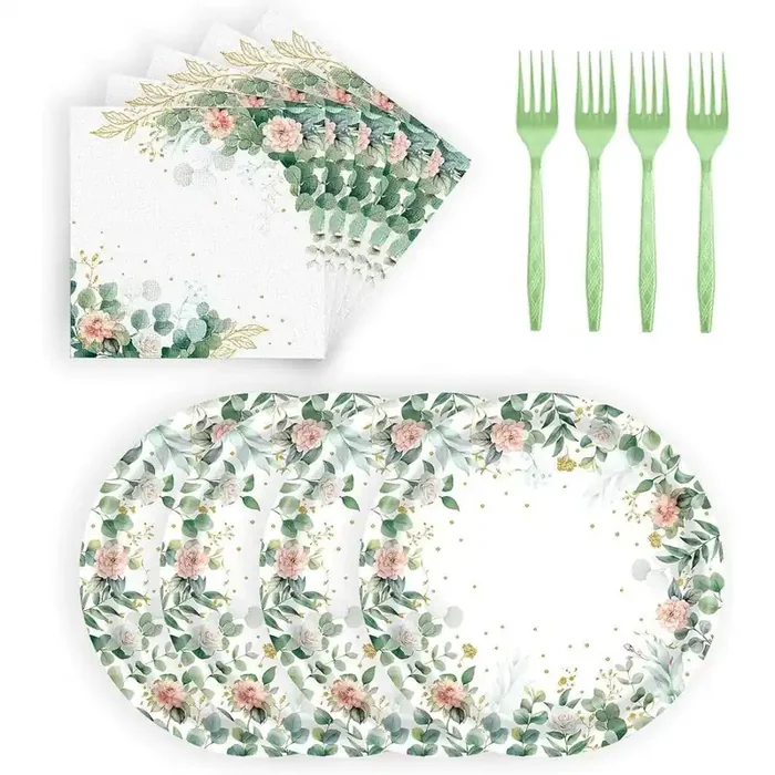 Sage Green Disposable Floral Paper Plates and Napkins Set (72 Pcs)
