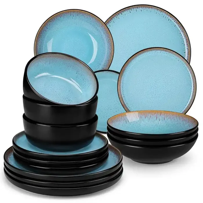 Series Amber 16-Piece Blue and Black Stoneware Dinnerware Set Service for 4 Bowls and Plates Dining Set Tableware