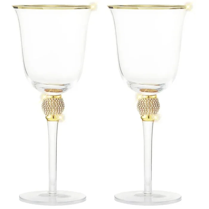 (Set of 2) Luxurious Rose and White 18 oz. Wine Glass with Dazzling Rhinestone Design and Gold Rim
