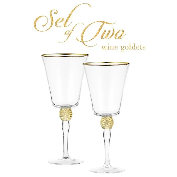 (Set of 2) Wine Glass 14.7 oz. with Rhinestone Design and Gold Rim