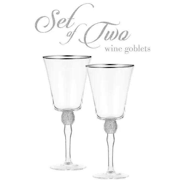 (Set of 2) Wine Glass 14.7 oz. with Rhinestone Design and Silver Rim