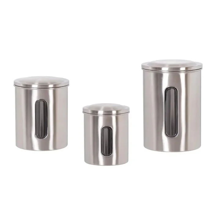 Set of 3 Stainless Steel Canister Kitchen Storage Jar Container Organizer with Clear See Through Window, Brushed Finish