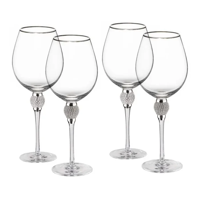 (Set of 4) Silver -Rimmed Red Wine Glasses with Diamond Rhinestone Accent 18 Oz. 10 in. Tall