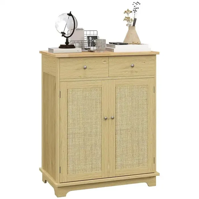 Sideboard with Solid Wood Countertop, Modern Kitchen Storage Cabinet with 2 Drawers and Adjustable Shelf in Natural