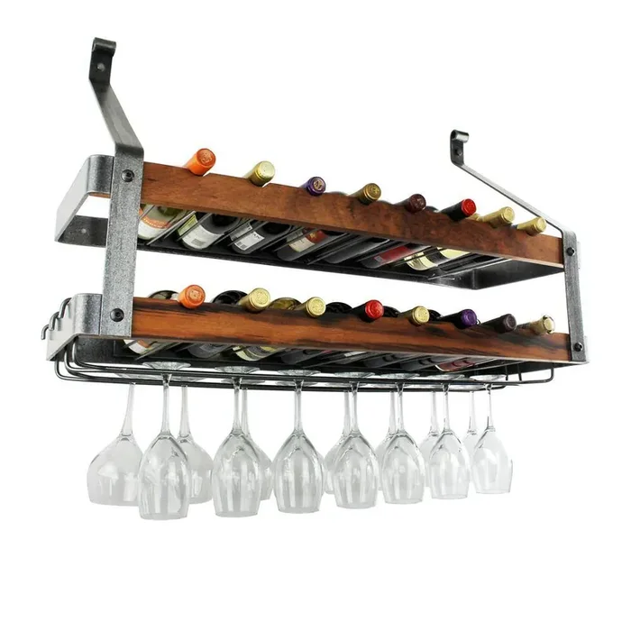 Signature 36 in. 16-Bottles Bookshelf Double Wine Rack Hammered Steel with Tigerwood