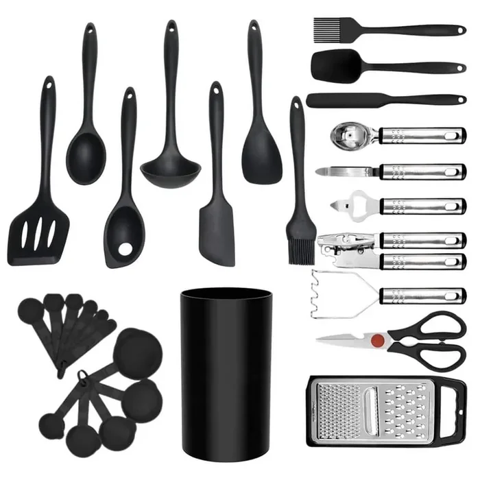 Silicone Kitchen Utensils Set Heat Resistant 446°F Cooking Tools Nonstick With Tongs Spatula Spoon Peeler Grater Black