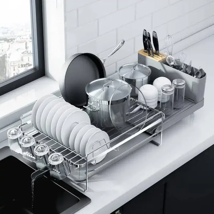 Silver 19.2 in.-26.7 in. L x 12.9 in. W Extendable Dish Rack, Anti-Rust Drying Dish Rack with Cutlery and Cup Holders