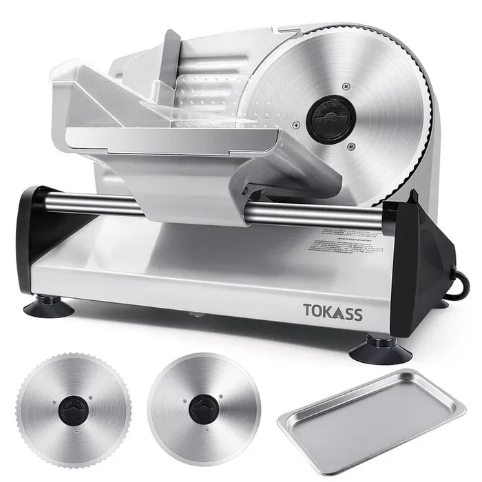 Silver Meat Slicer, 200W Electric Food Slicer with 2 Removable 7.5 in. Stainless Steel Blades and Stainless Steel Tray