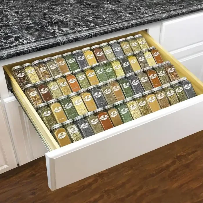 Silver Metallic Expandable Spice Rack Drawer Organizer – 4-Tier Spice Rack for Kitchen Drawers, Spice Drawer Organizer