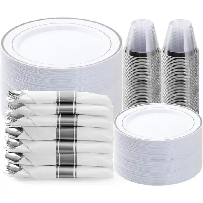 Silver Plastic Dinnerware Set for 50-Guests, Includes Plates, Napkins, Silverware, and Cups