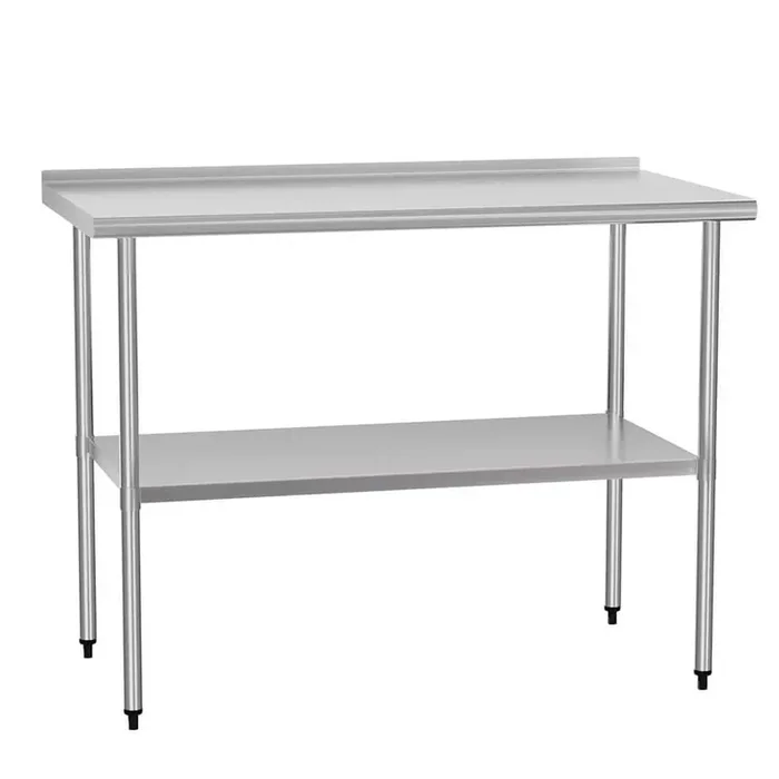 Silver Stainless Steel 48 in. Kitchen Prep Table Adjustable Undershelves and Backsplash for Commercial Kitchen / Outdoor